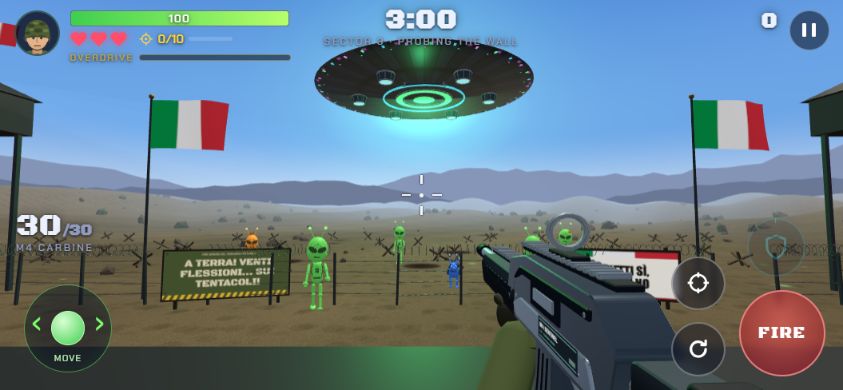 First-person defense gameplay with invaders, a detailed carbine and a glowing mothership