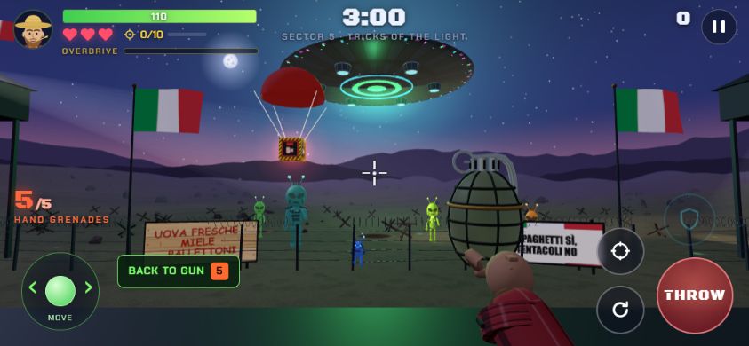 A hand grenade ready to throw beside a parachute supply drop